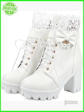Gothic Platform Ankle Boots Lace-Up Combat Boot with Bow Pearl Chunky Heel